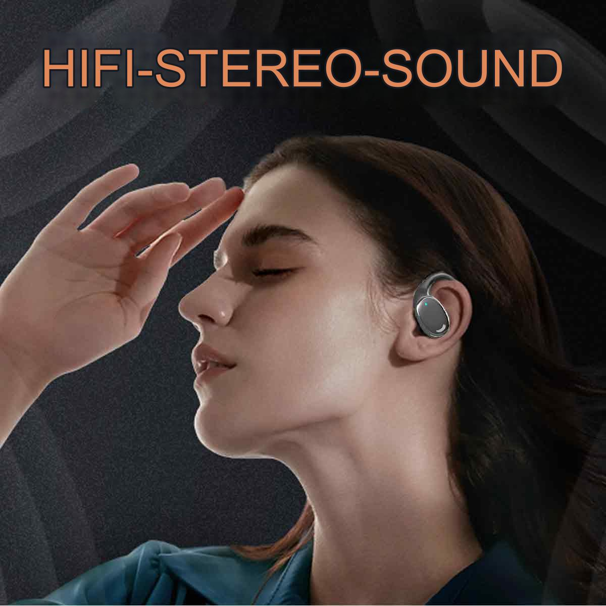 Eine Frau trägt einen schwarzen Ohrhörer. Der Text lautet 'HIFI-STEREO-SOUND'. Dunkelgrauer Hintergrund.