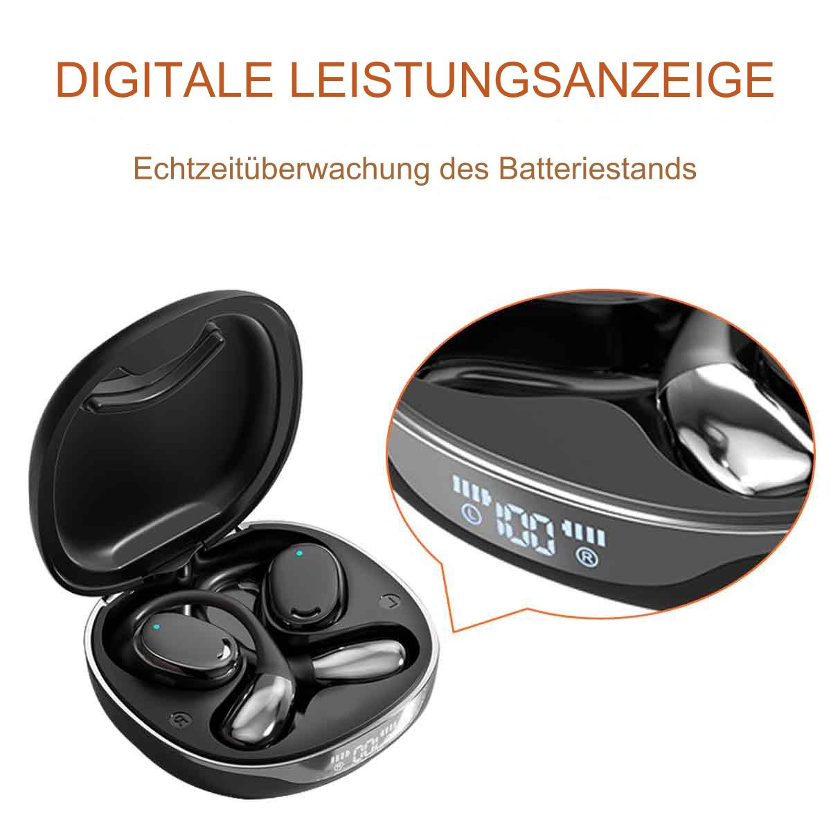 Ein schwarzes Ladecase mit Ohrhörern und eine Nahaufnahme des Displays des Cases mit Akkulaufzeit.
