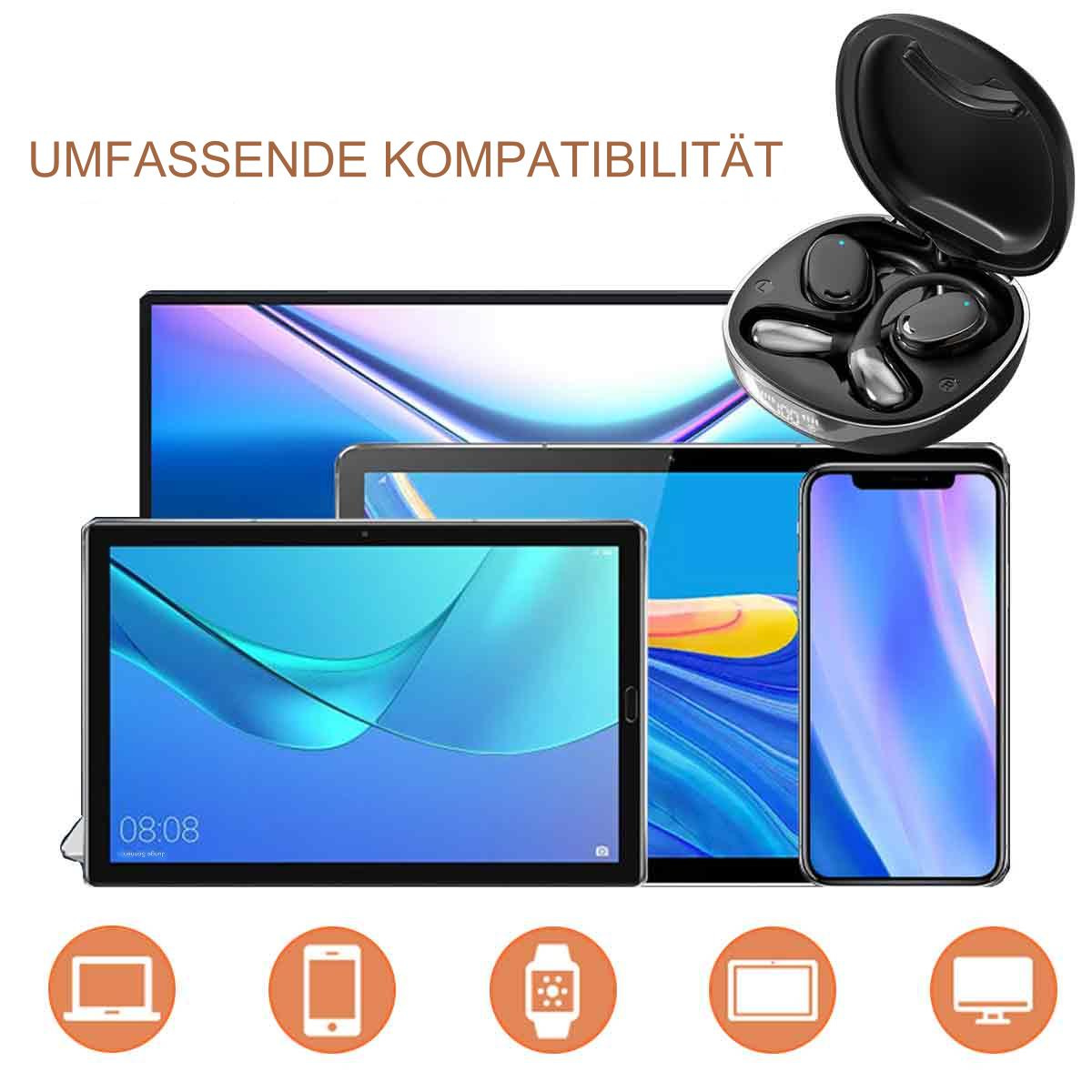 Kopfhörer-Etui und Geräte in der Nähe mehrerer Geräte, darunter Telefon, Tablet und Laptop.