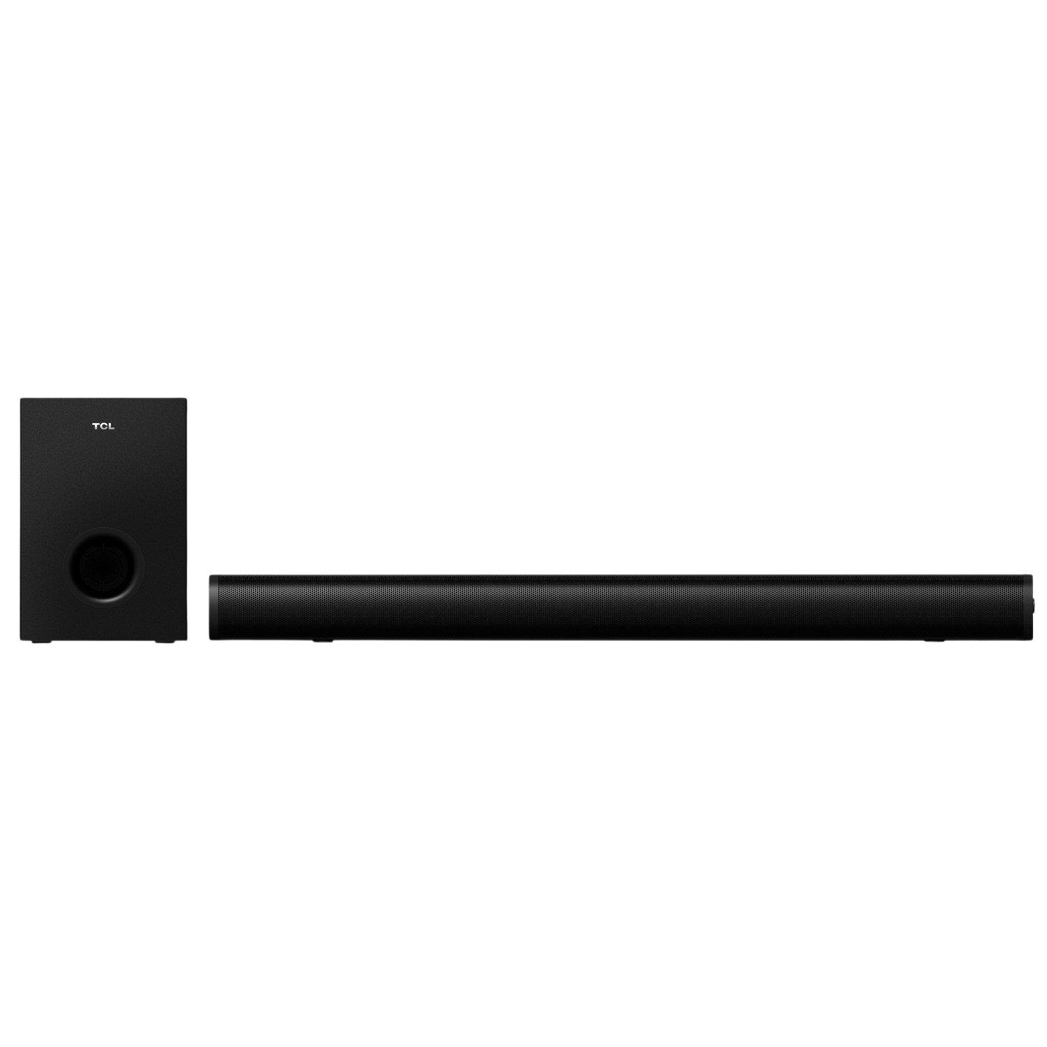 Un set di soundbar e subwoofer neri su sfondo nero. La soundbar è lunga.