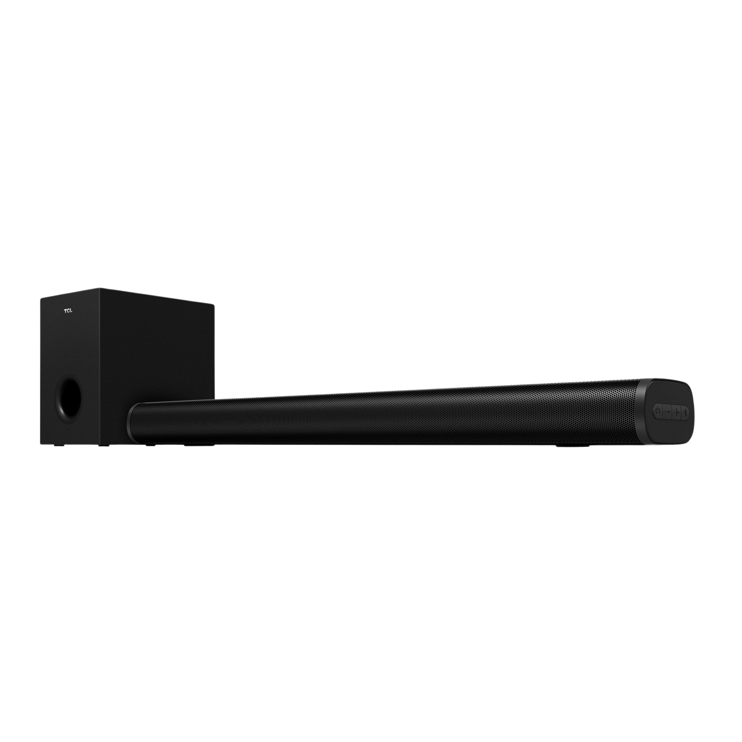 Soundbar nero e set subwoofer, sfondo nero.