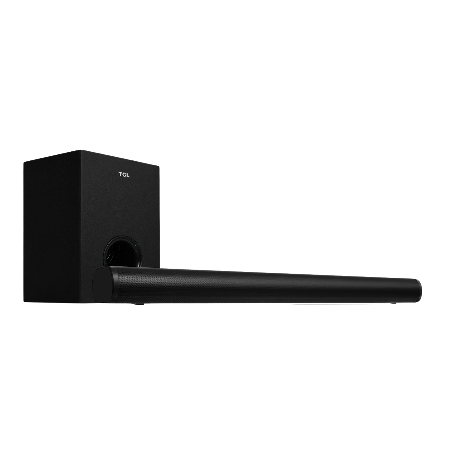 Sistema soundbar e subwoofer nero su sfondo nero.