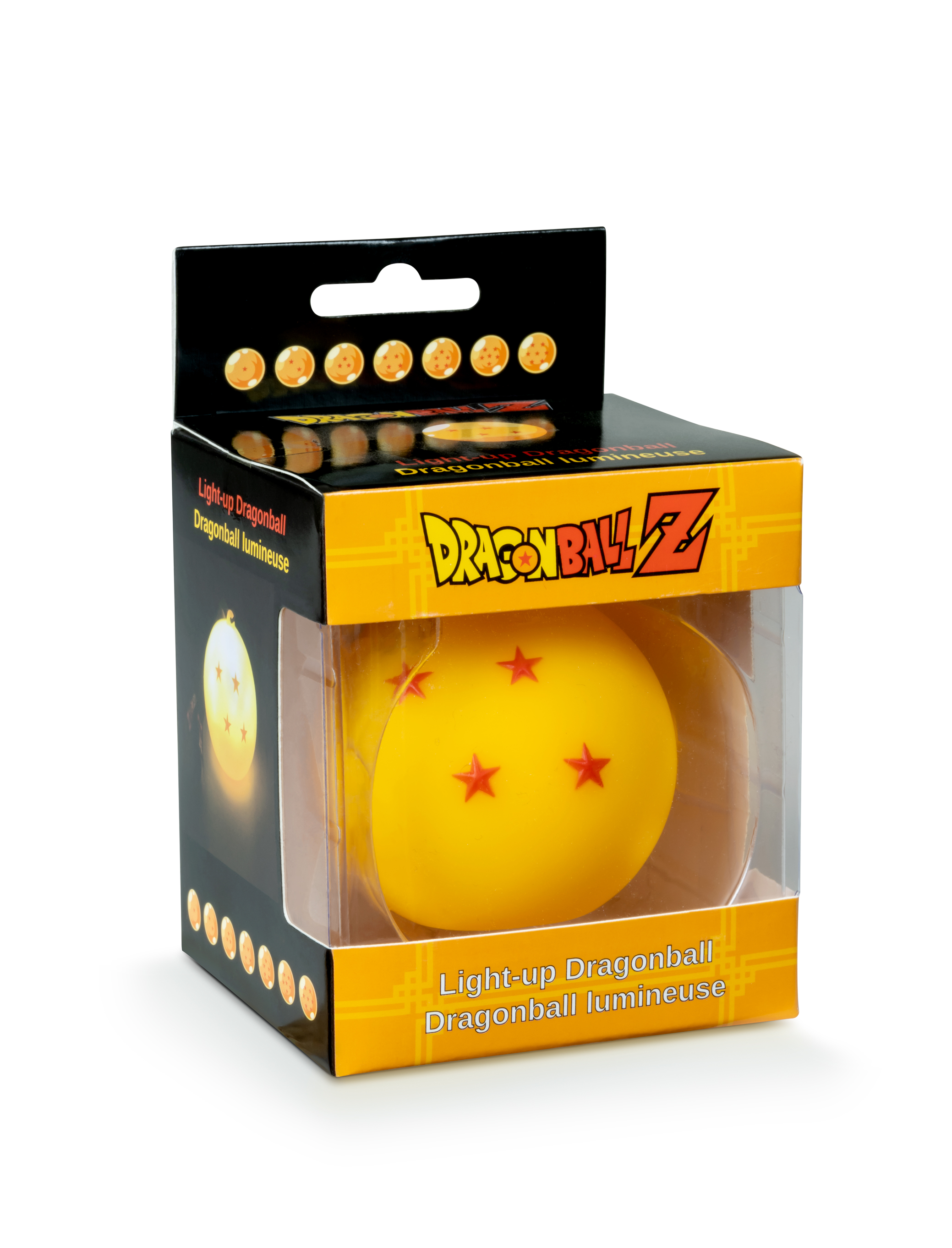 Scatola di Dragon Ball Z con una sfera del drago illuminata. Sfera gialla con stelle rosse.