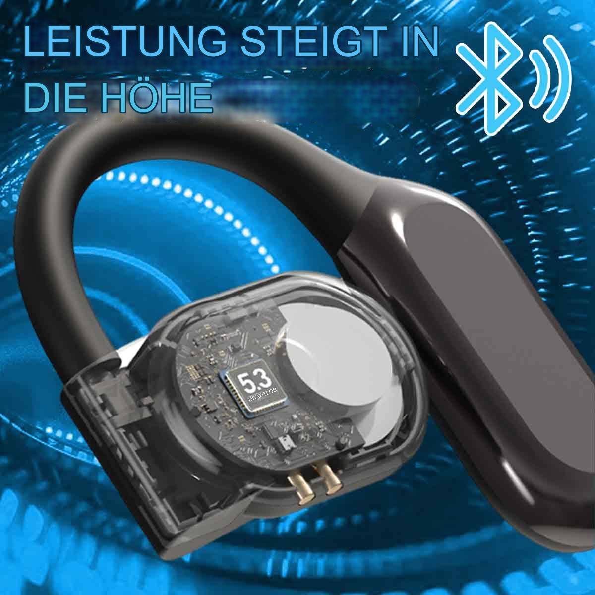 Nahaufnahme eines schwarzen und transparenten Ohrhörers mit blauem Hintergrund und dem Text LEISTUNG STEIGT IN DIE HÖHE.