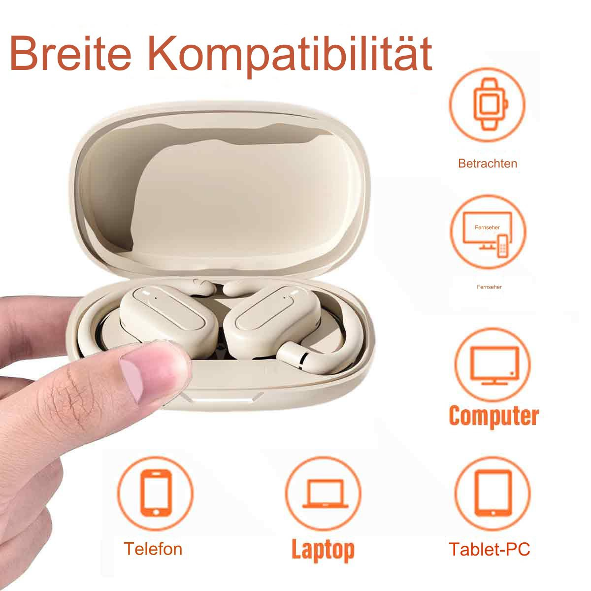 Kopfhörer im Etui, mit Symbolen, Telefon, Laptop und Tablet-PC im Hintergrund.