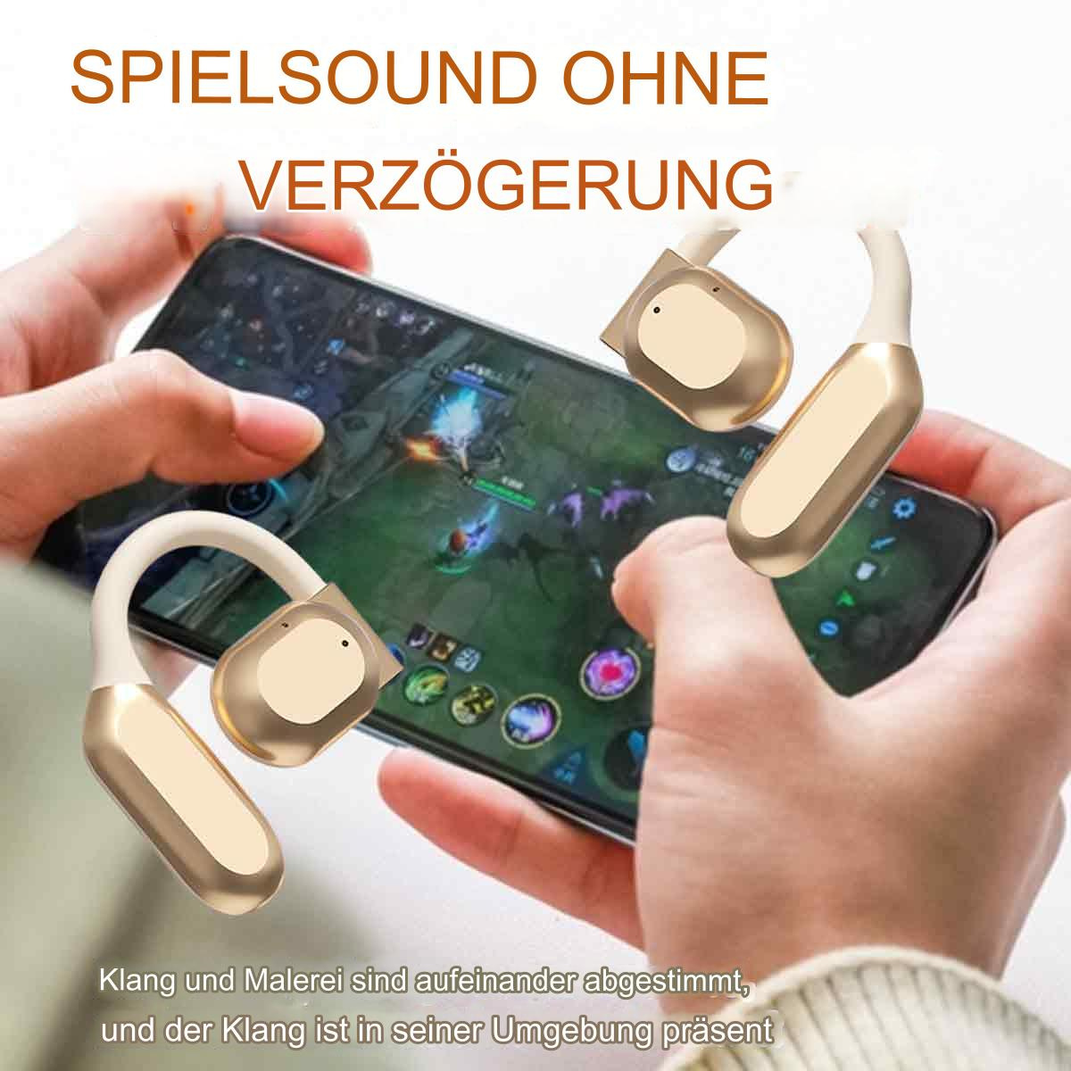 Hände, die ein Telefon halten, spielen ein Spiel mit kabellosen Ohrhörern. Text: Spielsound ohne Verzögerung.