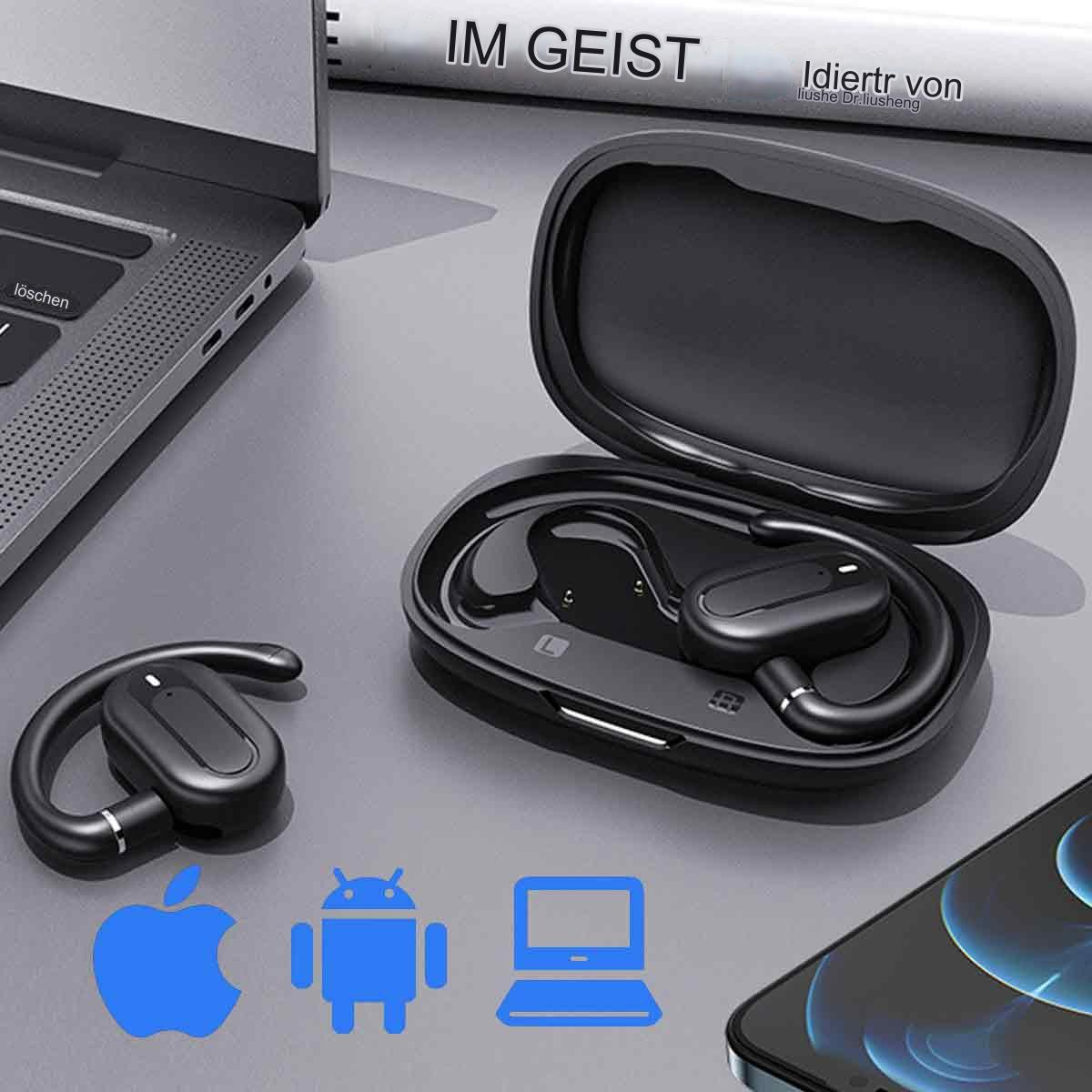 Schwarze Ohrhörer mit Ladecase, Apple-, Android- und Laptop-Symbolen.