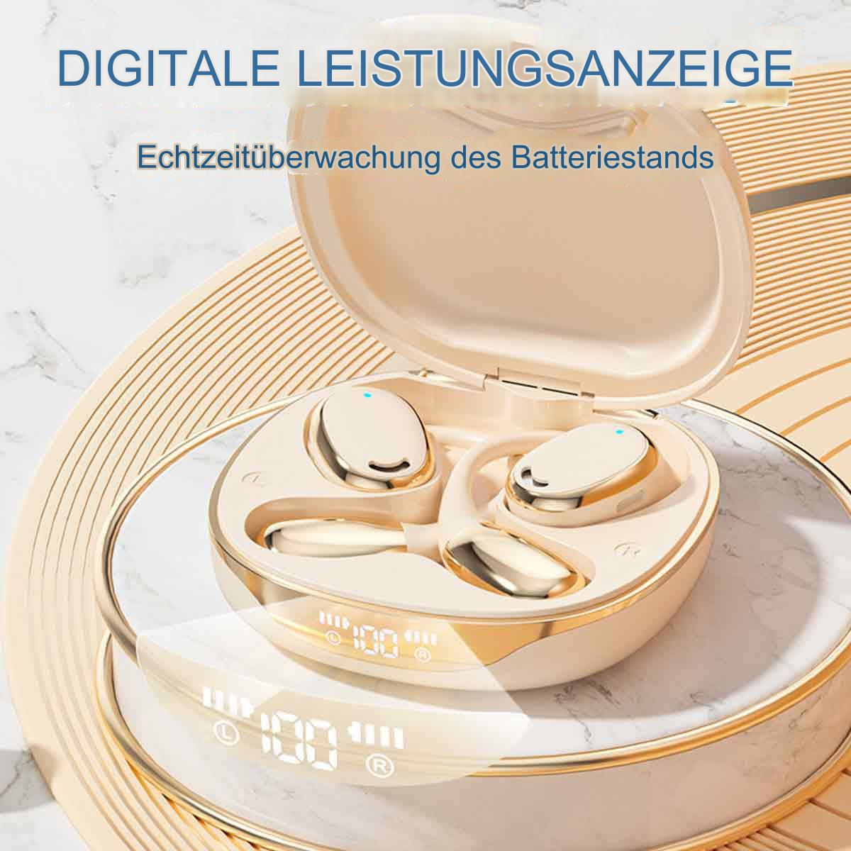 Ohrhörer in einem Ladecase, gold und weiß, mit digitaler Akkuanzeige.