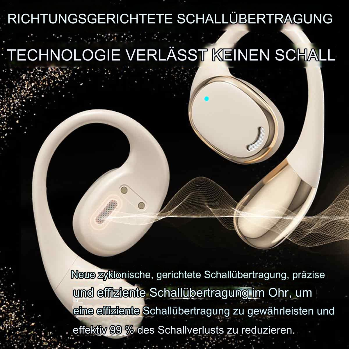 Paar kabelloser Ohrhörer. Das Bild zeigt die gold-weißen Ohrhörer auf weißem Hintergrund.