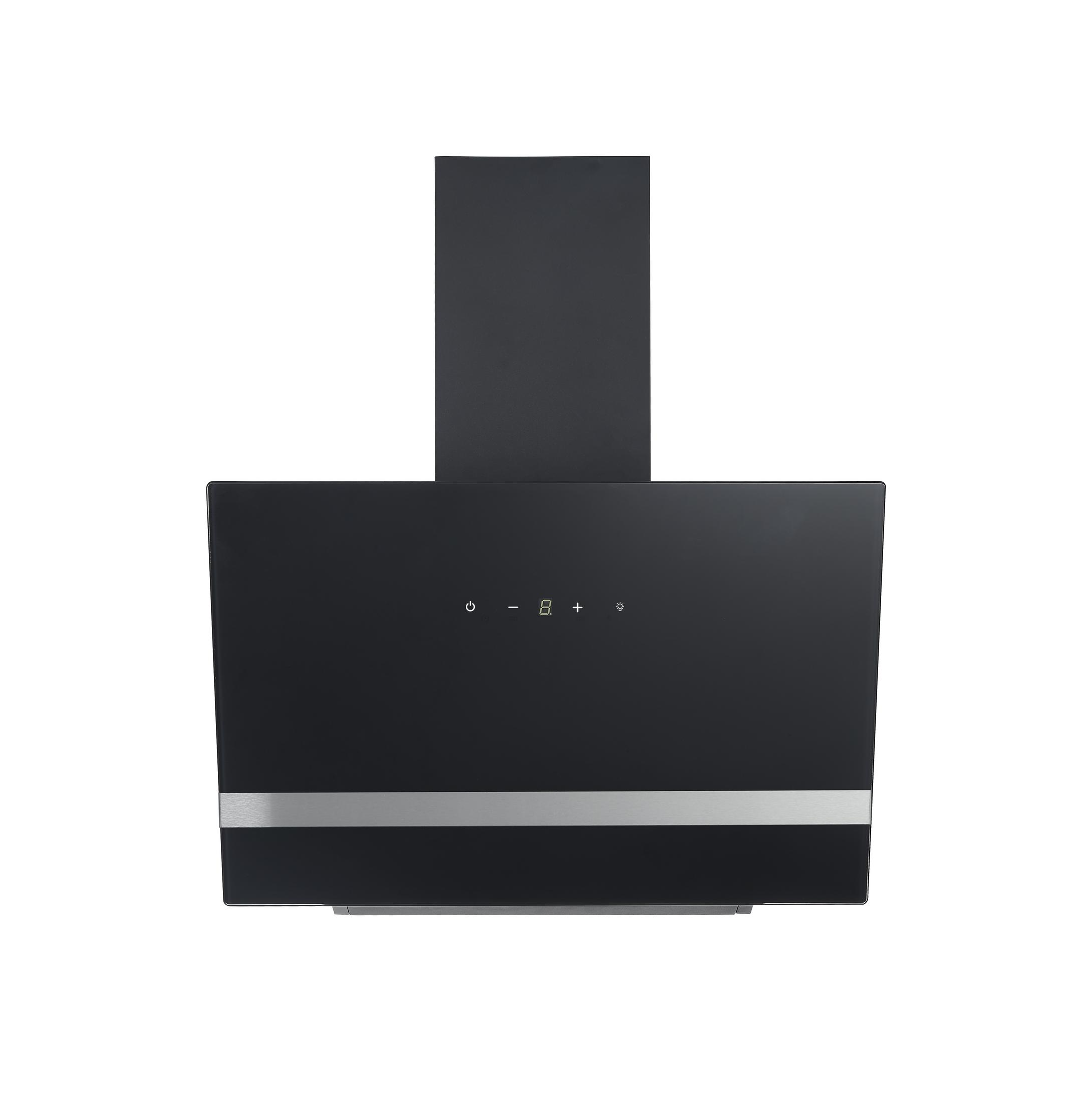 A black kitchen hood. The surface has a silver stripe and digital display.