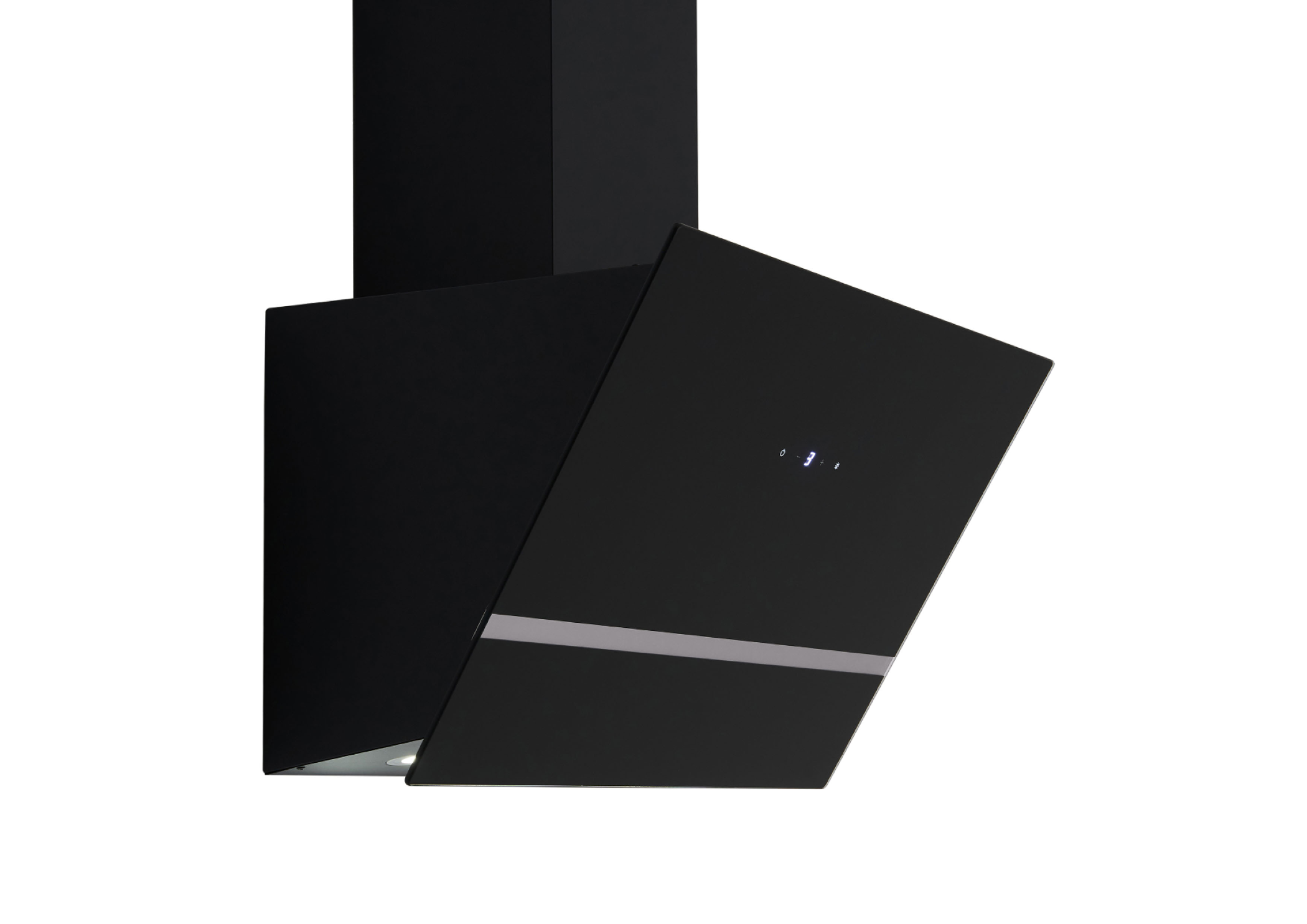 A black range hood is on a white background. It has a slanted front and a silver stripe.