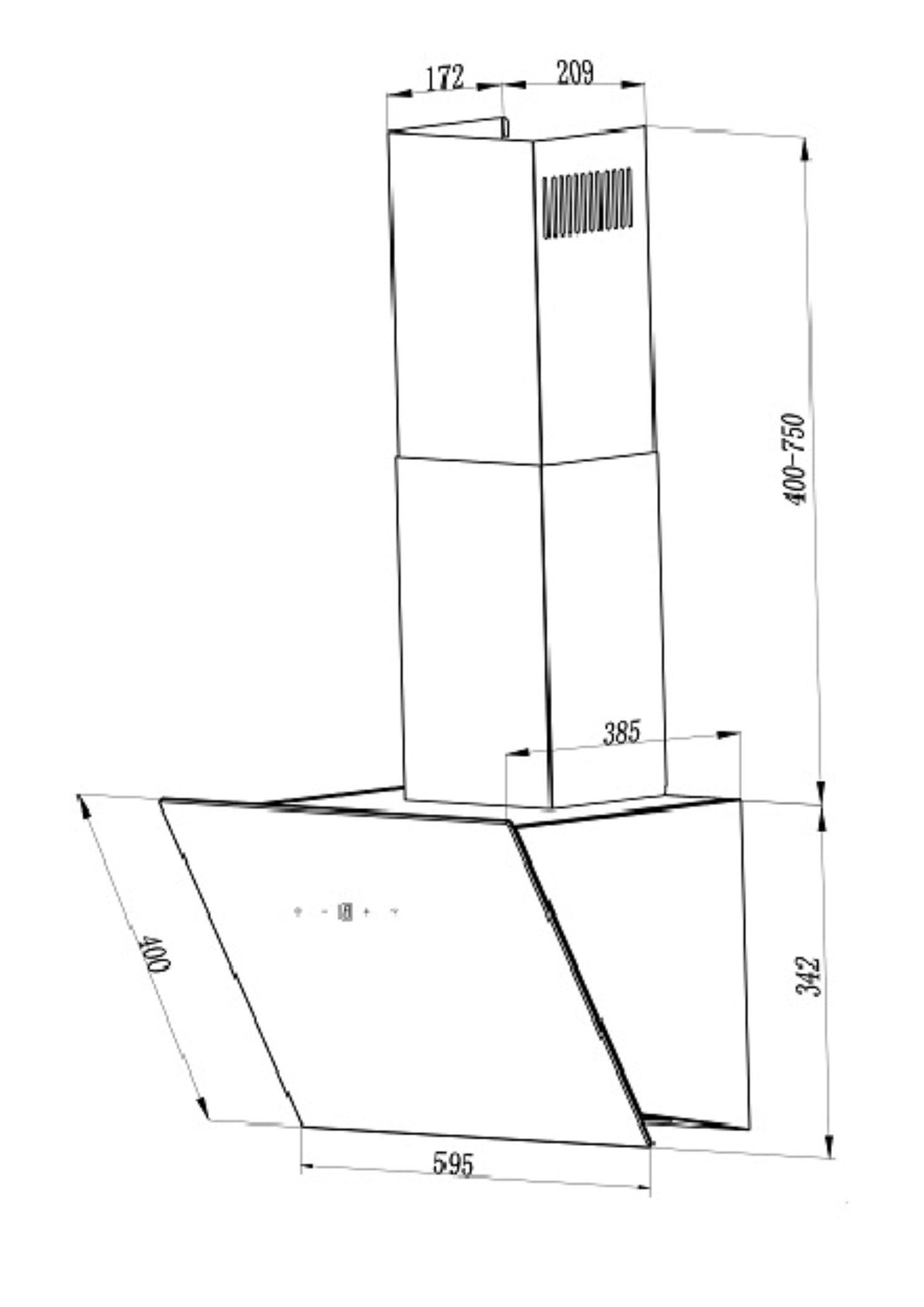 Technische tekening van een afzuigkap met afmetingen, witte achtergrond.