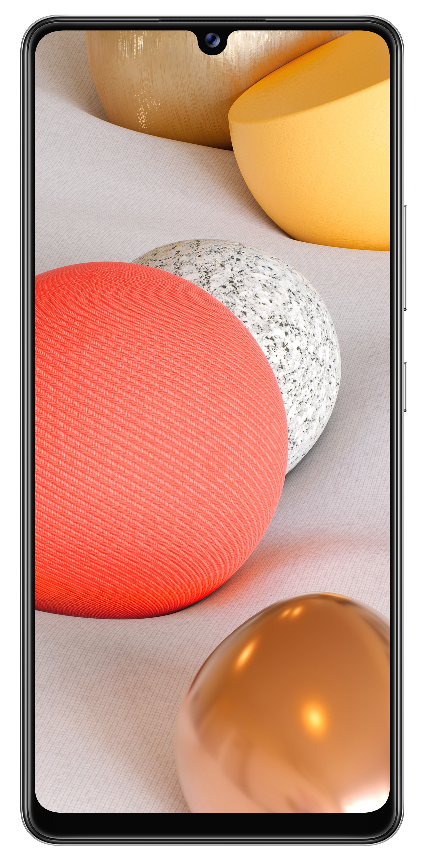 Schermo di smartphone che mostra sfere colorate. Sfere rosse, bianche, gialle e ramate. Cornice nera.