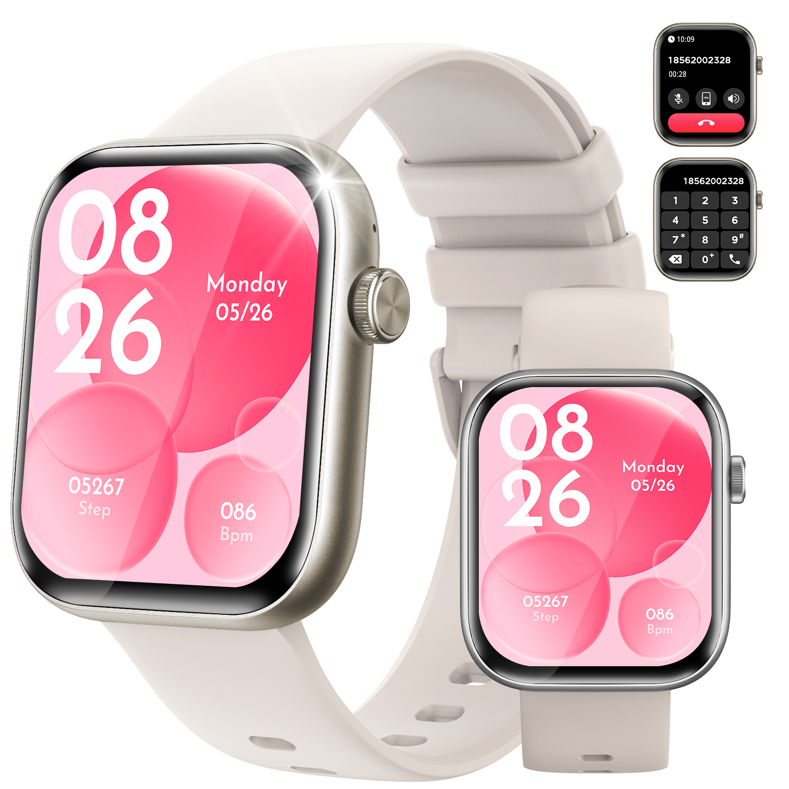 Smartwatch mit weißem Armband, zeigt Zeit und Gesundheitsmetriken. Zwei zusätzliche Bildschirme für Telefonanrufe und Ziffernblock.