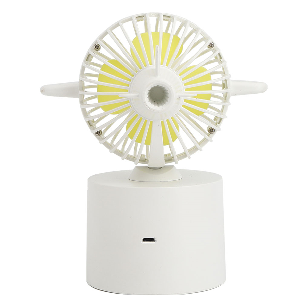 Weißer tragbarer Ventilator mit gelben Flügeln. Er hat einen runden Sockel und einen USB-Anschluss.