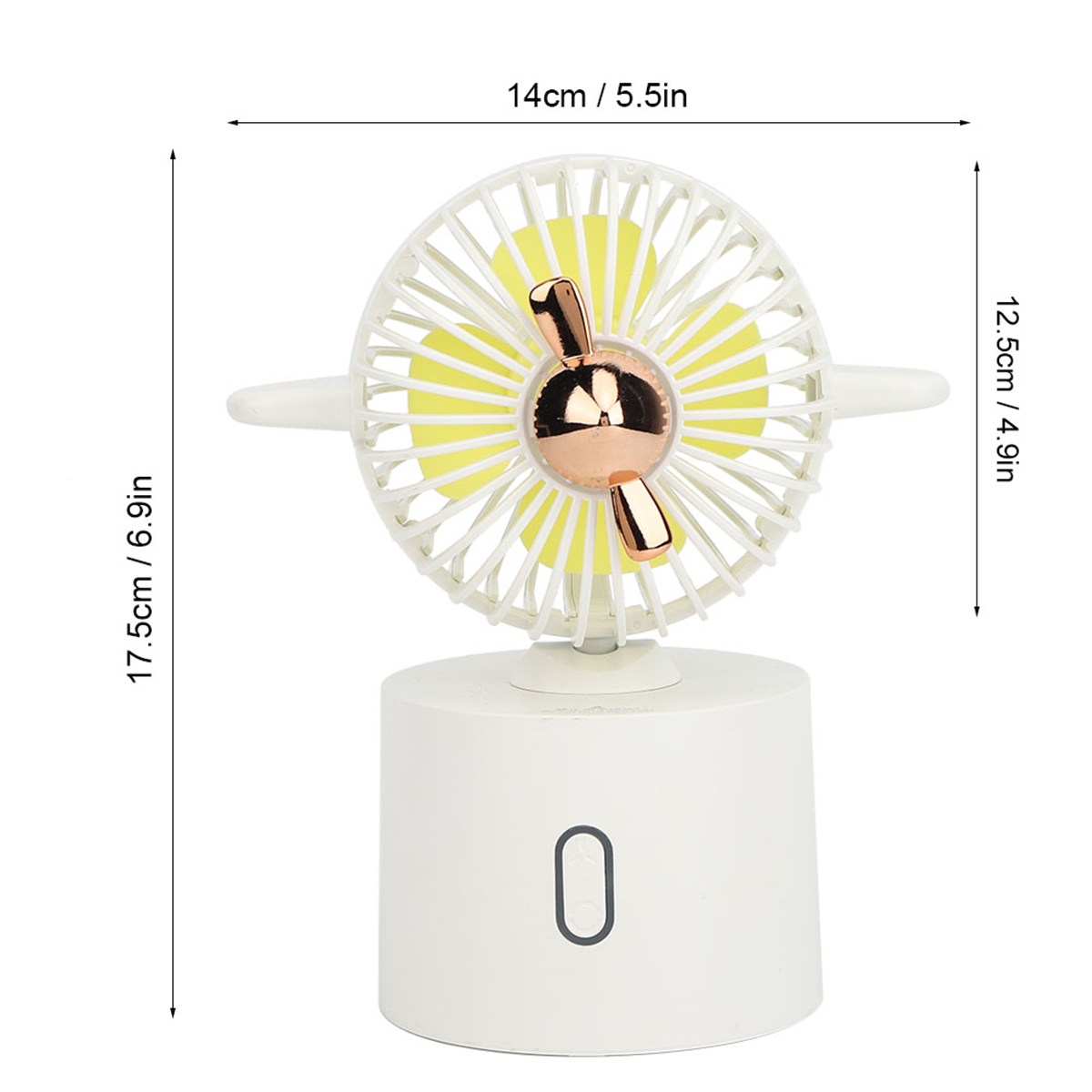 Ein weißer und gelber tragbarer Ventilator mit angezeigten Abmessungen, auf einer weißen Oberfläche.