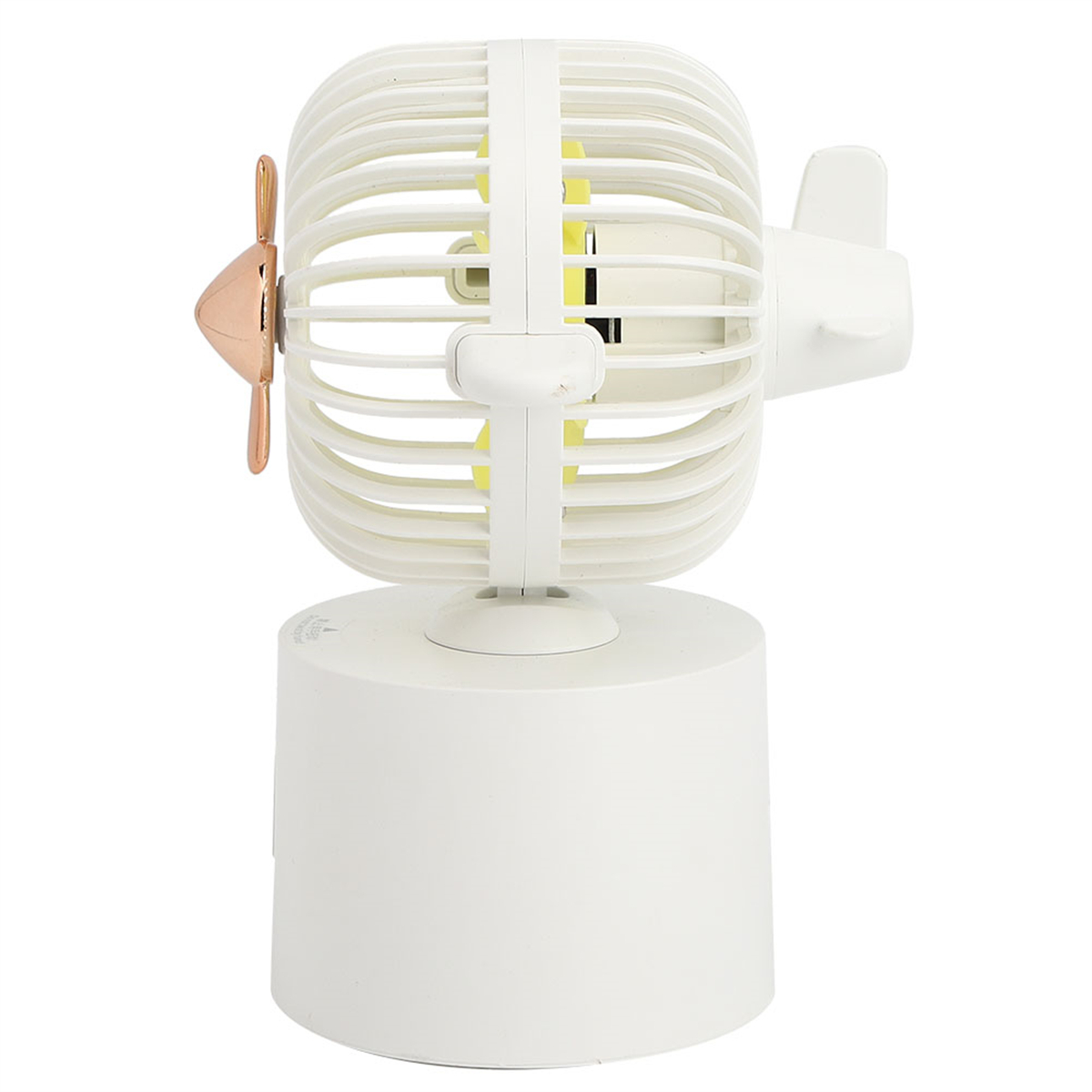 Ein weißer, u-bootförmiger Ventilator mit goldenem Propeller und gelben Akzenten.