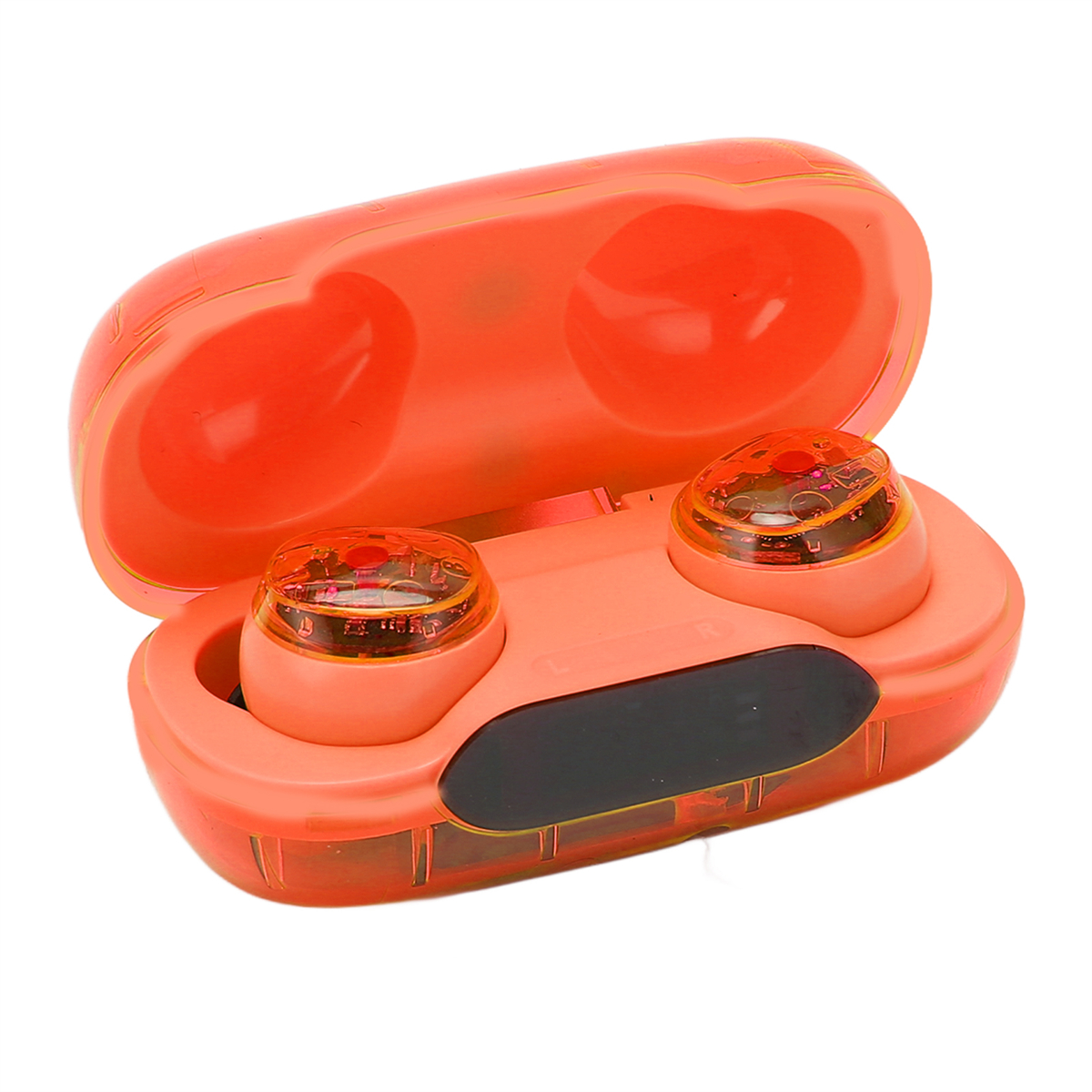Ein orangefarbenes Ladeetui mit zwei orangefarbenen Ohrhörern darin.