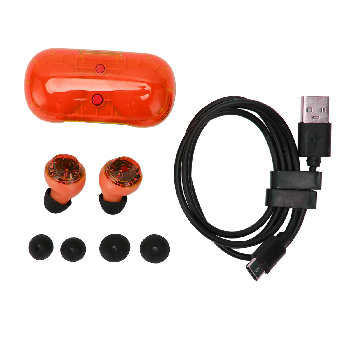 Orangenes Kopfhörer-Ladeetui, Ohrhörer, zusätzliche Ohrstöpsel und USB-Kabel.