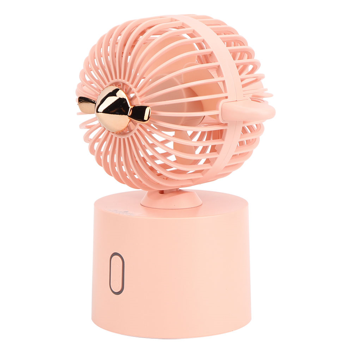 Pfirsichfarbener Ventilator mit Goldakzent auf abgerundeter Basis. Der Hintergrund ist weiß.