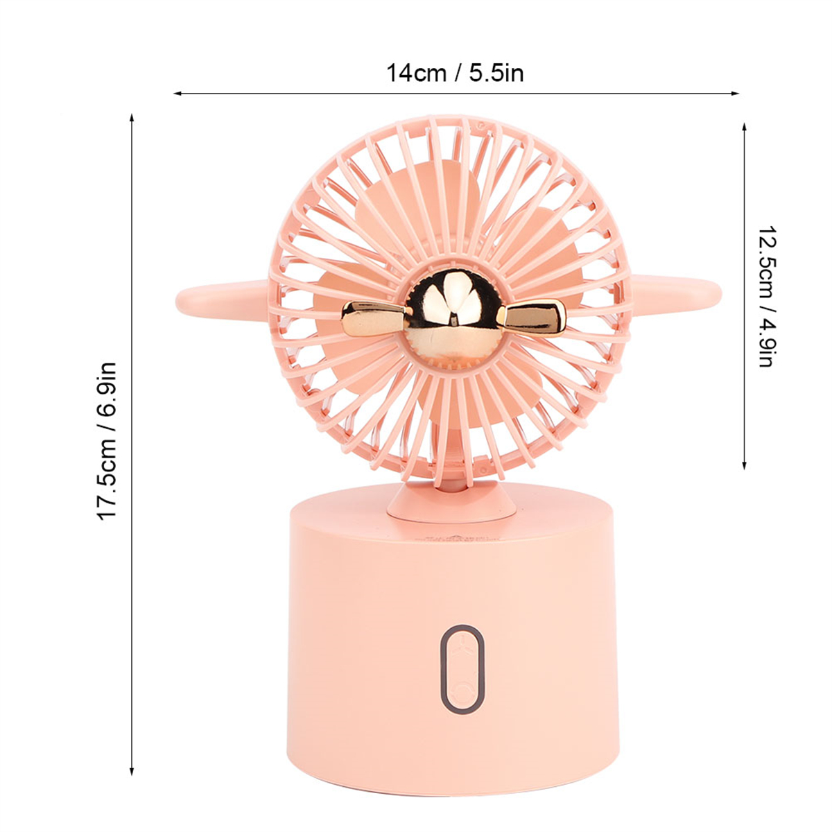Kleiner rosa Ventilator mit Maßen, mit einem goldenen Lüfter und einem rosa Sockel, auf weißem Hintergrund.