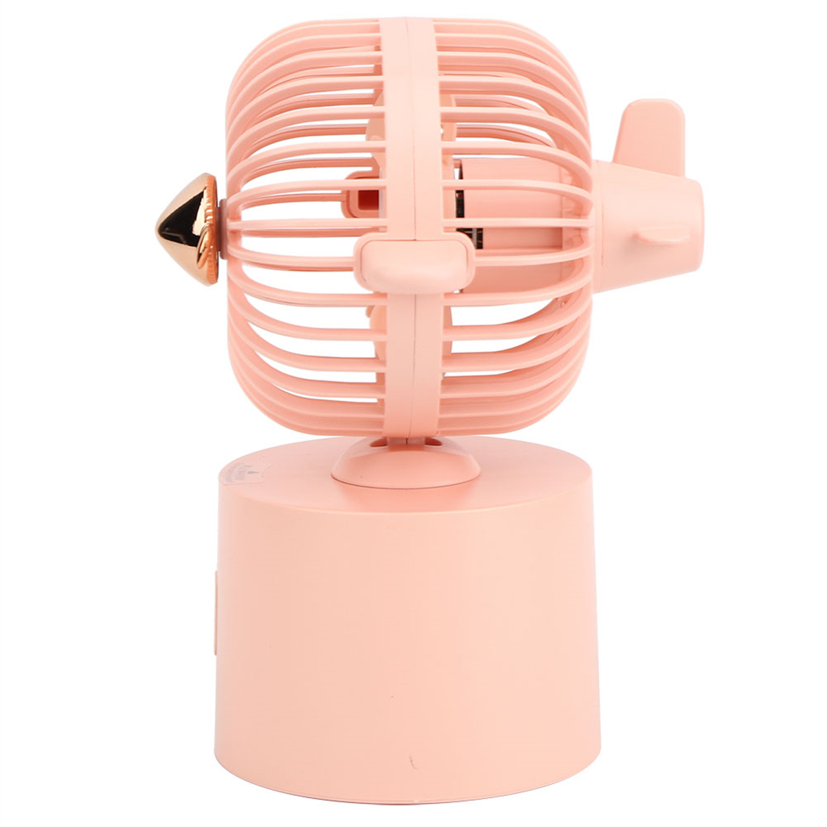 Rosa Mini-Ventilator mit propellerartigem Design, der auf einem rosafarbenen Sockel mit Goldakzent sitzt.