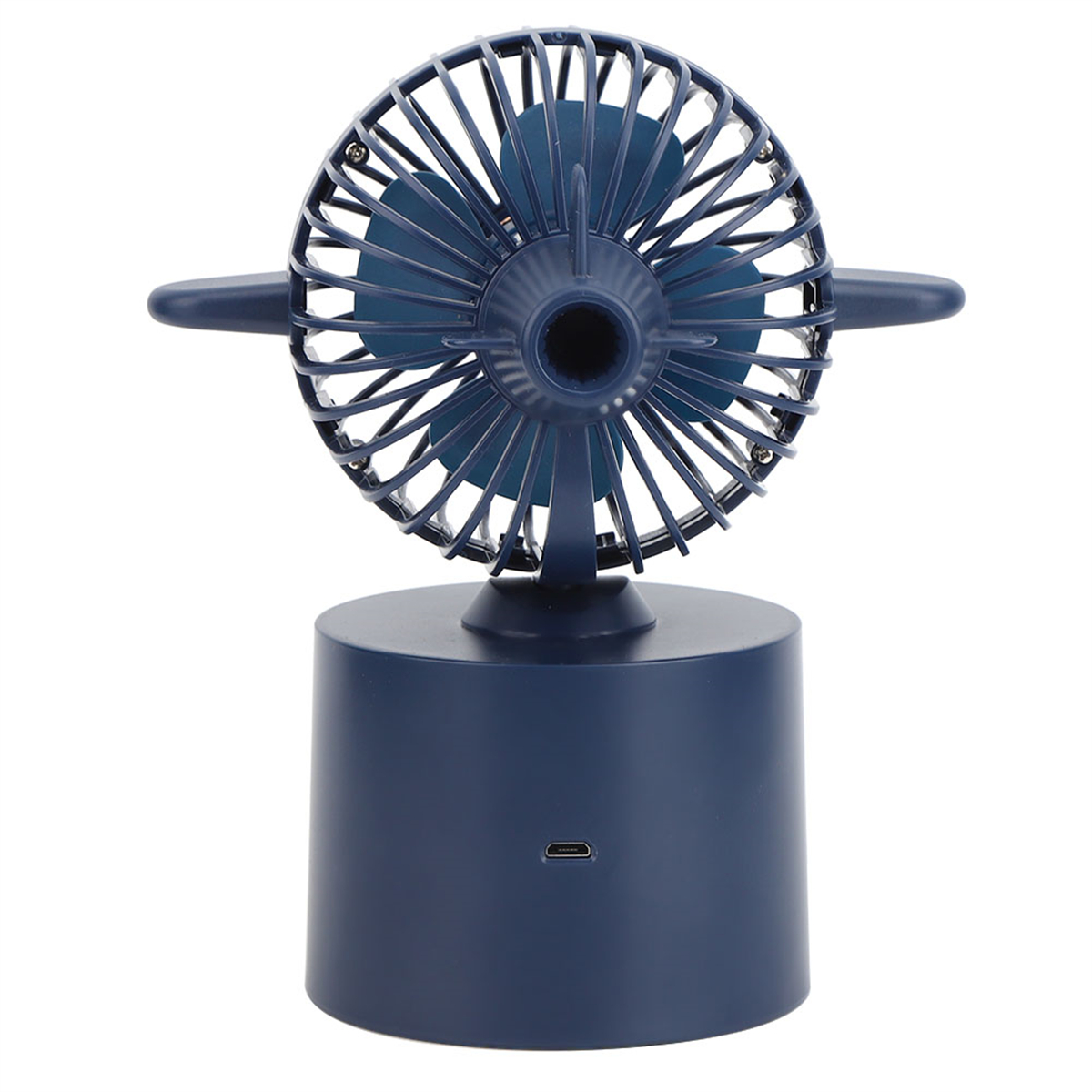 Blauer Ventilator mit rundem Käfig. Der Sockel ist dunkelblau. Weißer Hintergrund. Der Ventilator ist isoliert.