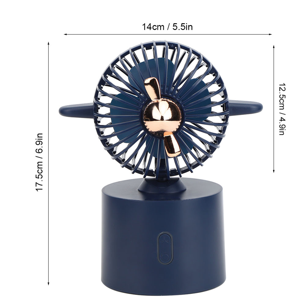Ein blauer Ventilator mit beschrifteten Messungen.