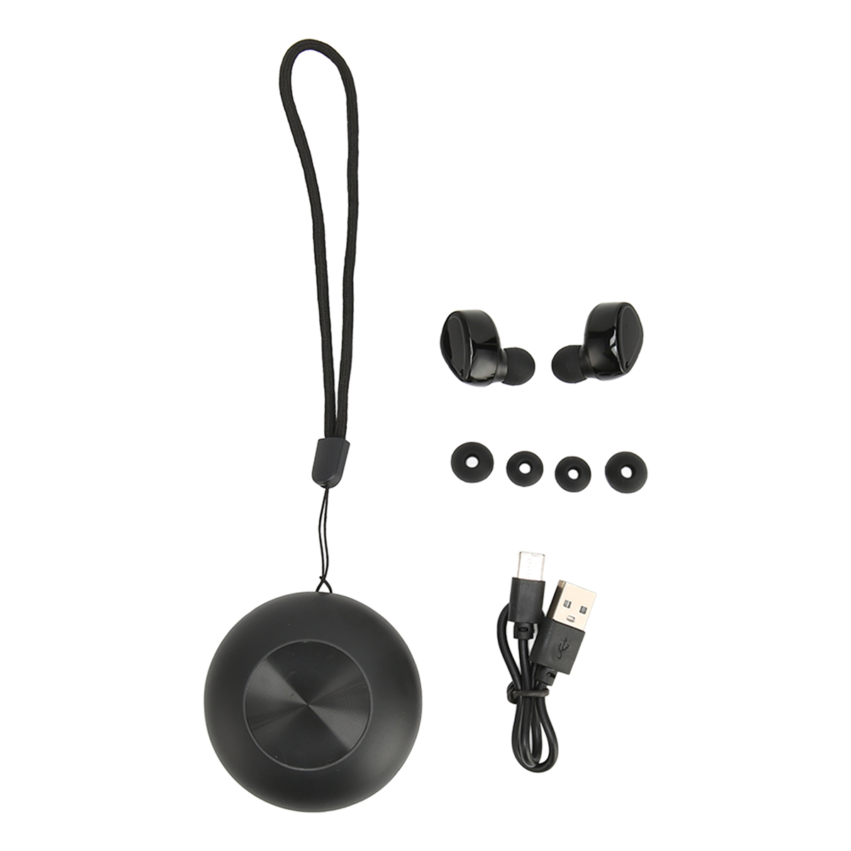 Schwarze kabellose Ohrhörer, Ladecase, zusätzliche Ohrstöpsel und ein USB-C-Ladekabel.
