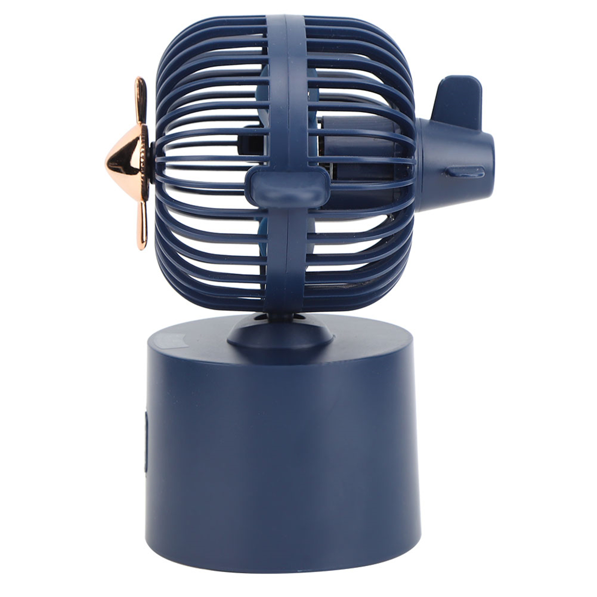 Blau-goldener tragbarer Ventilator. Es hat ein einzigartiges Design. Weißer Hintergrund.