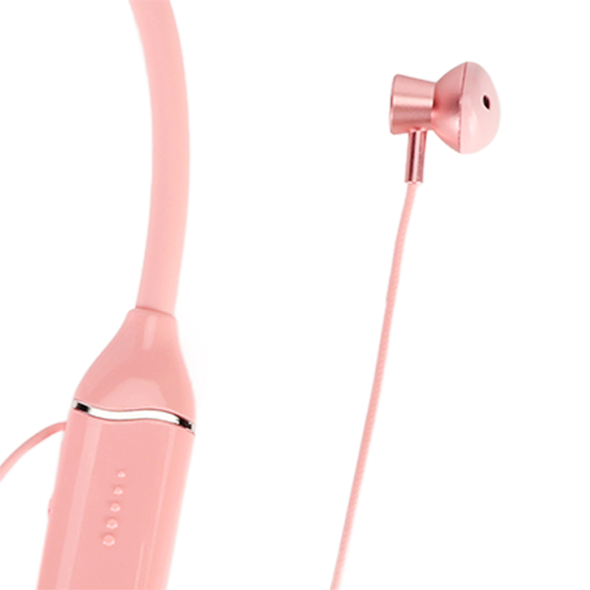 Pinke Nackenbügel-Kopfhörer, mit einem rosa Kabel, das zu einem Ohrhörer führt.