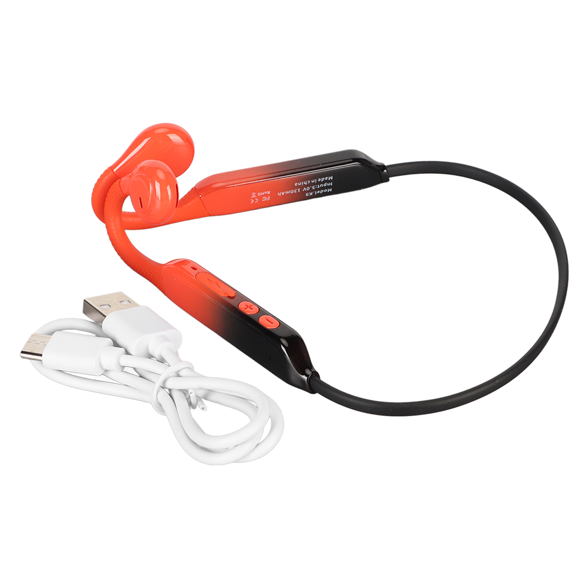 Rote und schwarze Knochenschallkopfhörer mit USB-Kabel. Sie sind Over-Ear-Design.