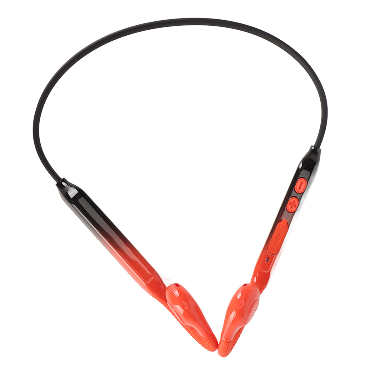 Schwarze und rote Bluetooth-Kopfhörer im Nackenband-Stil. Zwei Ohrhörer sind rot.