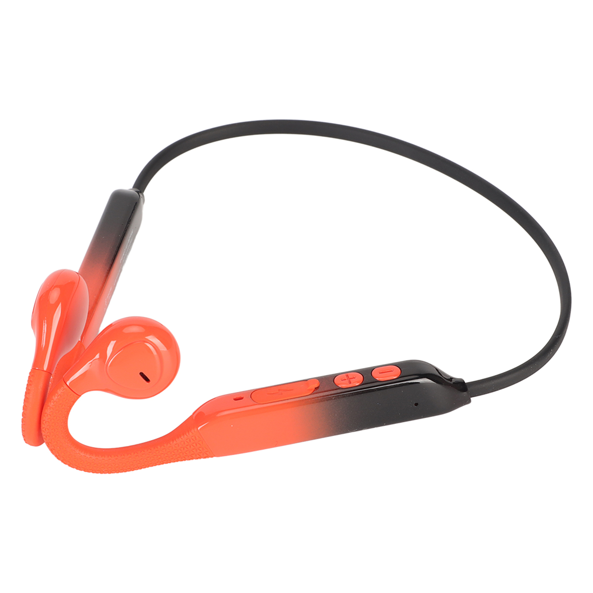 Orange und schwarze Knochenschallkopfhörer. Das Stirnband umschließt den Hinterkopf.