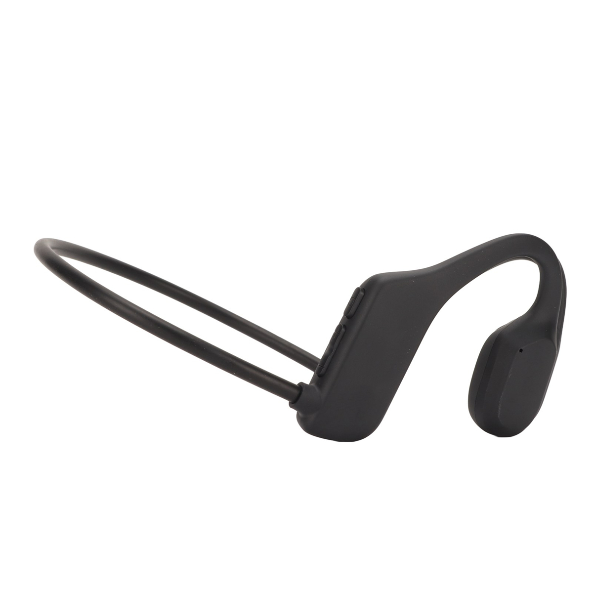 Schwarze Knochenschallkopfhörer in geschwungenem Design, die auf einer weißen Oberfläche liegen.