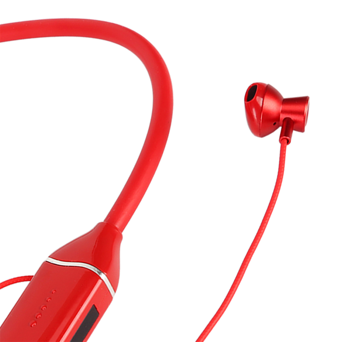 Rote Nackenbügel-Kopfhörer mit einem Ohrhörer. Das Kabel und die Ladeanzeige sind sichtbar.