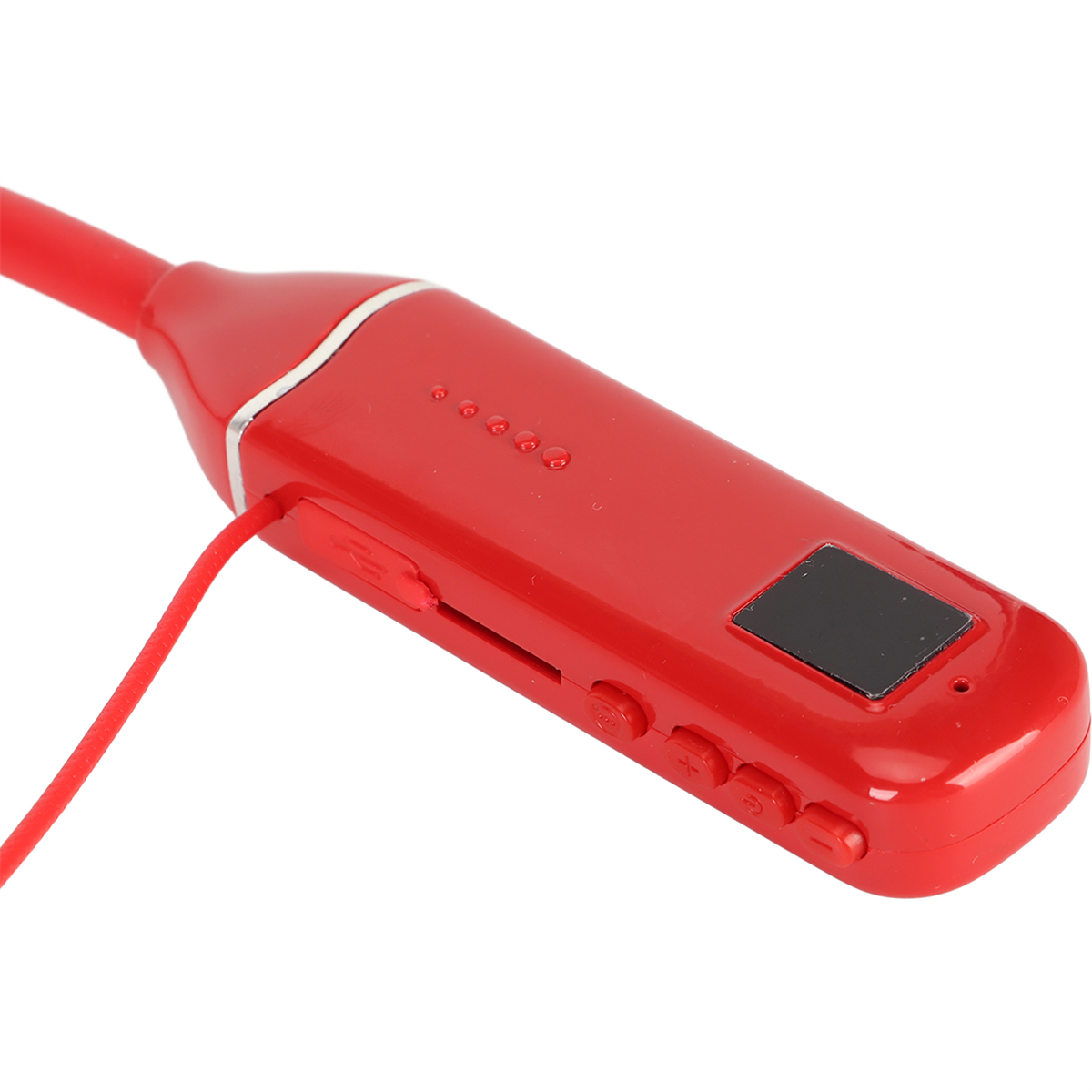 Rote Nackenband-Kopfhörer mit Steuertasten und Ladeanschluss. Rotes Kabel angeschlossen.