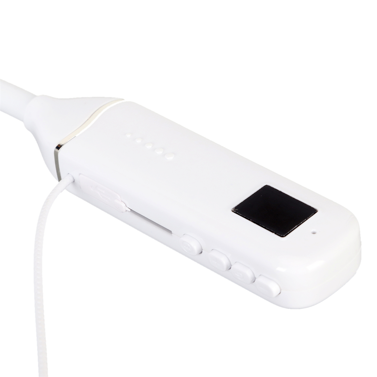 Weißes Nackenband mit Knöpfen, einem schwarzen Bildschirm und einem weißen Kabel, das von der Seite ausgeht.