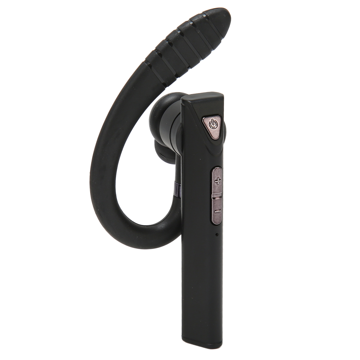 Schwarzes Bluetooth-Headset. Es hat ein gebogenes Design, das über das Ohr geht. Lautstärke- und Ein-/Aus-Tasten.