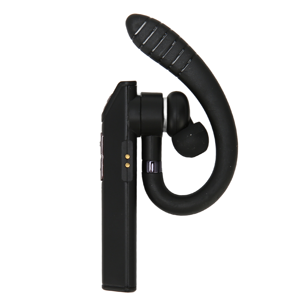 Schwarzes drahtloses Headset mit gebogenem Ohrbügel und rechteckigem Gehäuse, weißer Hintergrund.