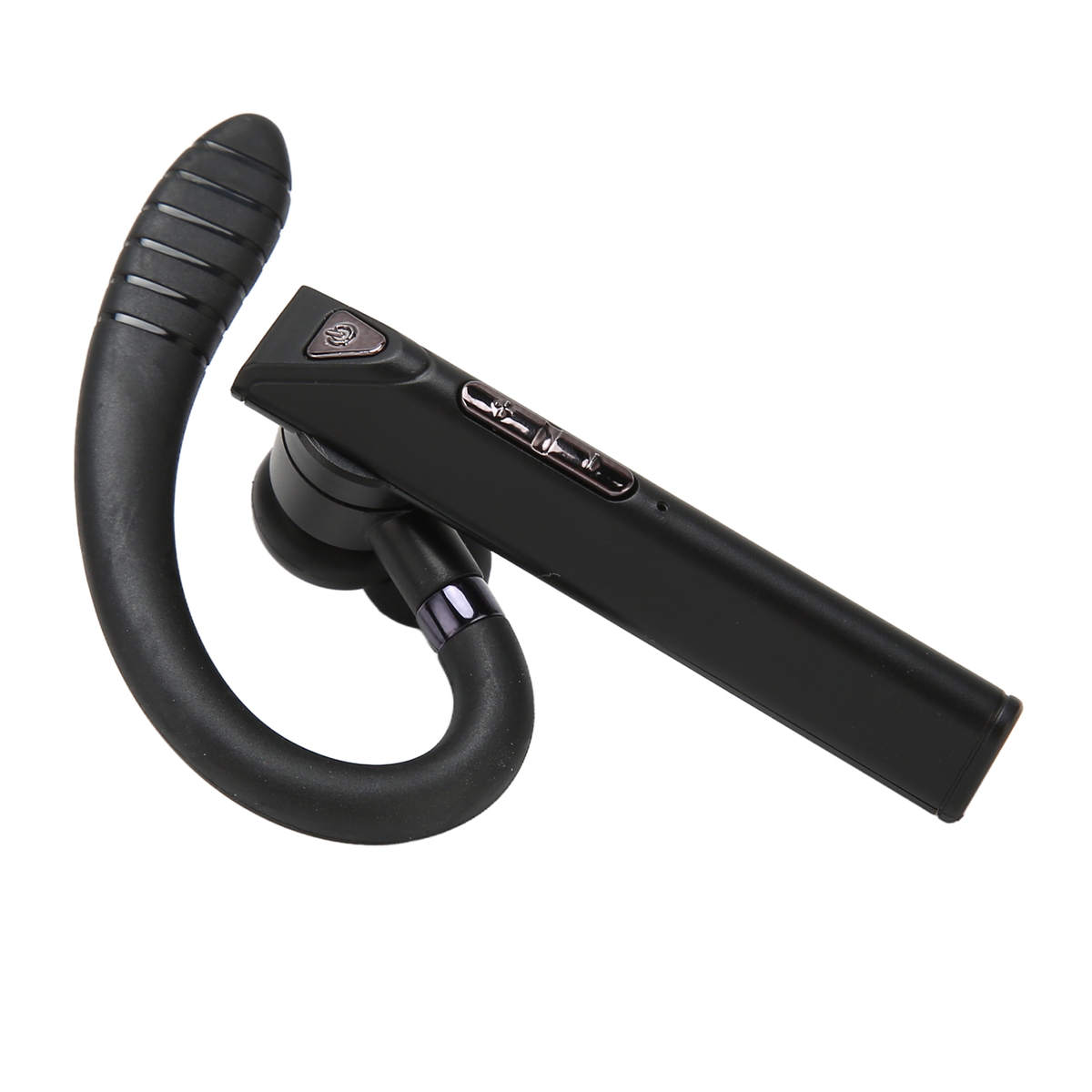 Ein schwarzes Bluetooth-Headset mit gebogenem Ohrhörer und Tasten am Mikrofonarm.