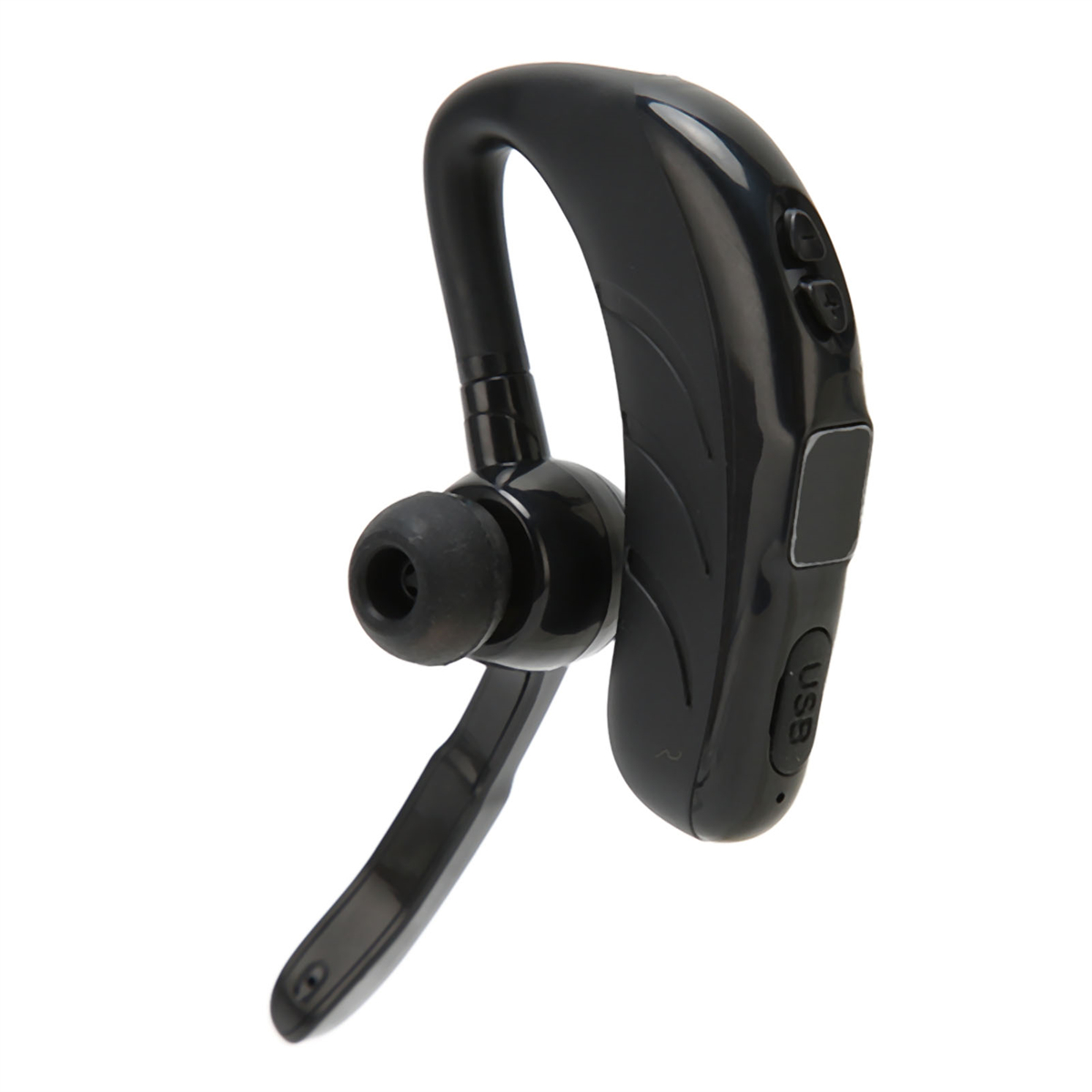 Schwarzes Bluetooth-Headset mit geschwungenem Design und sichtbarem USB-Anschluss.