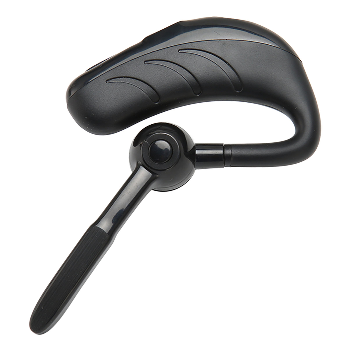 Ein schwarzes Headset mit gebogenem Ohrbügel und nach unten gerichtetem Mikrofonarm.
