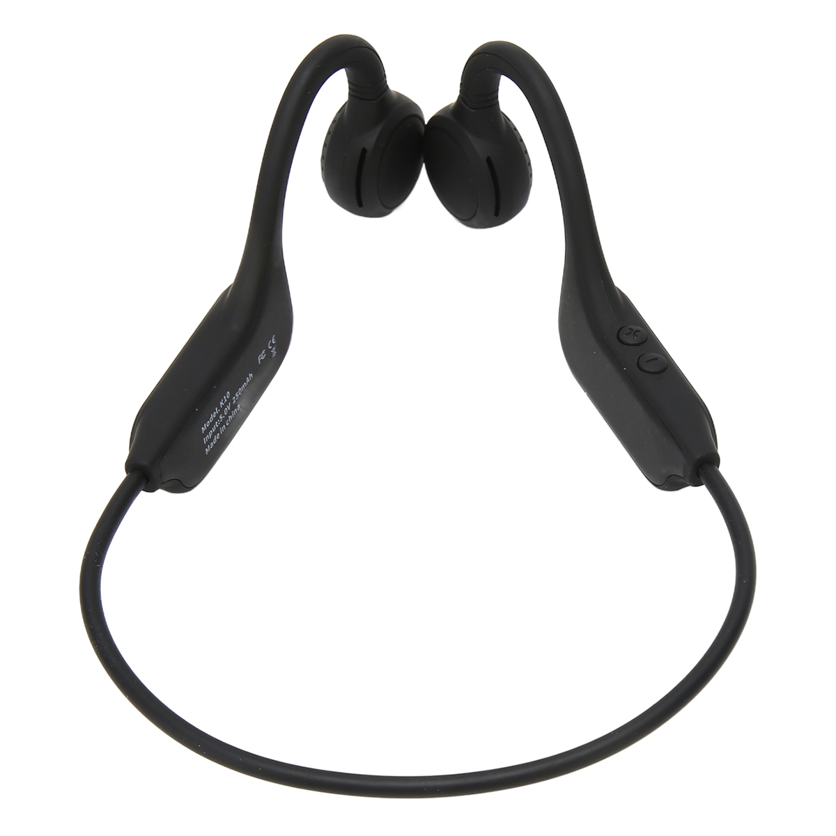Schwarze Knochenschallkopfhörer. Das Design verläuft um das Ohr herum.