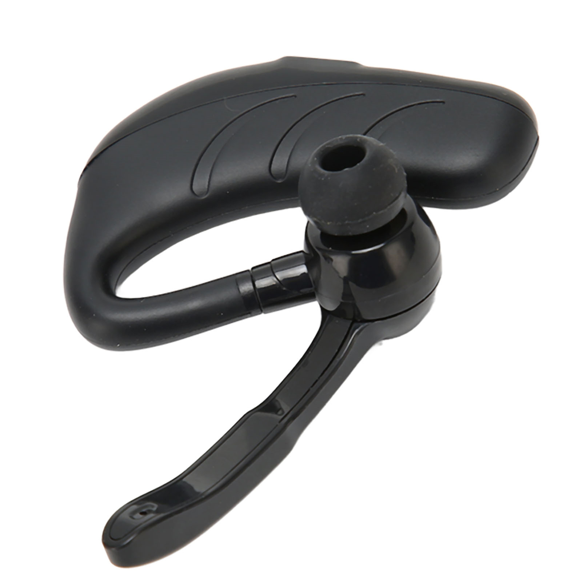 Schwarzes Bluetooth-Headset mit Ohrhörer und geschwungenem Design, vor weißem Hintergrund.