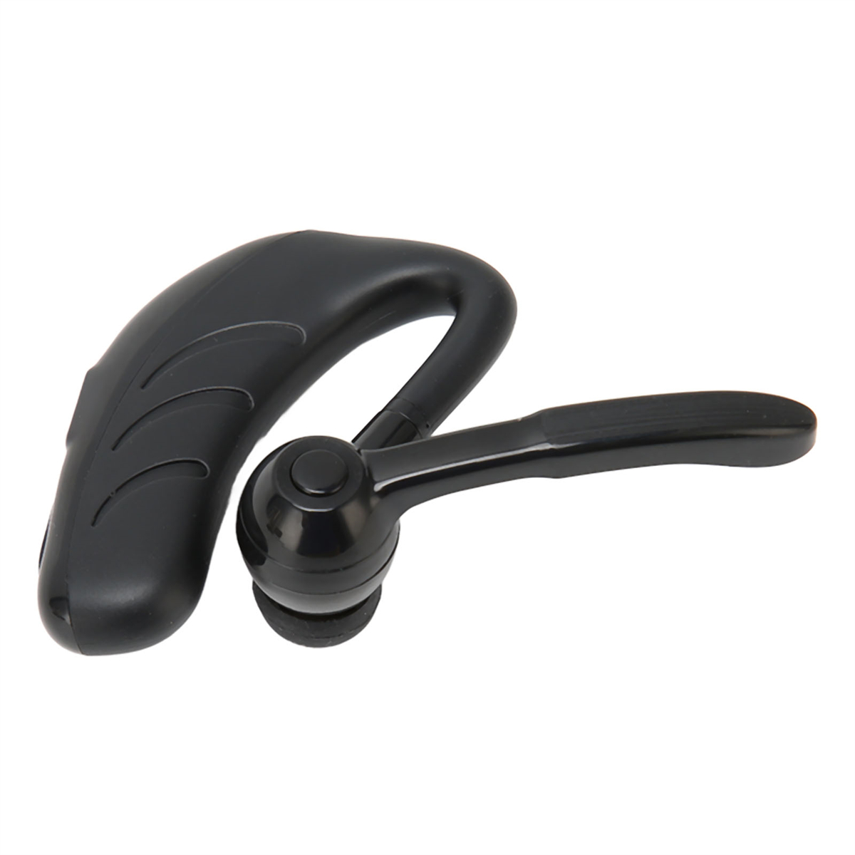 Ein schwarzes Bluetooth-Headset. Es hat ein geschwungenes Design, das über das Ohr geht, und ein kleines Mikrofon.