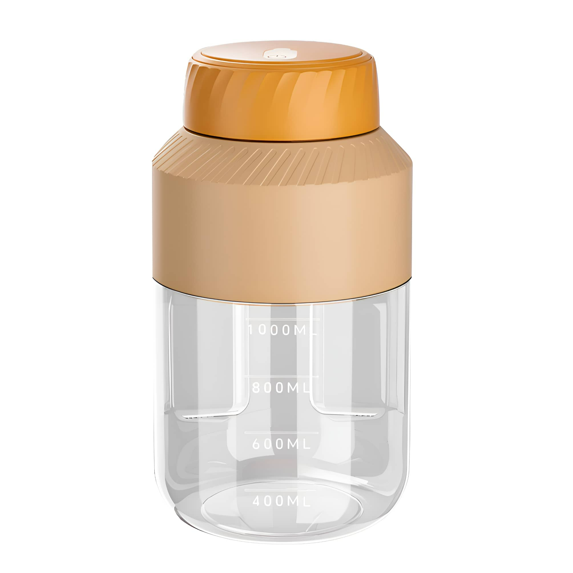 Transparente Wasserflasche mit orangenem Deckel und Messmarkierungen.