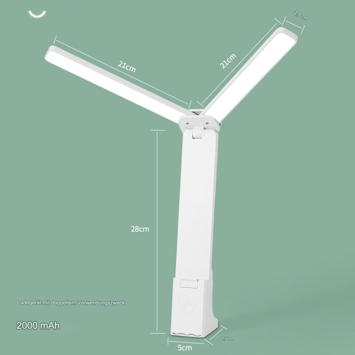 Eine weiße, faltbare Schreibtischlampe mit zwei Lichtpaneelen. Die Lampe befindet sich auf einem hellgrünen Hintergrund.