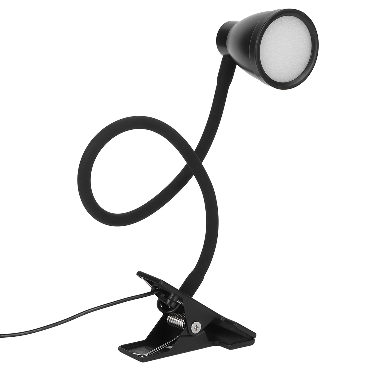 Schwarze Schreibtischlampe mit Schwanenhals und Klemme zur Befestigung.