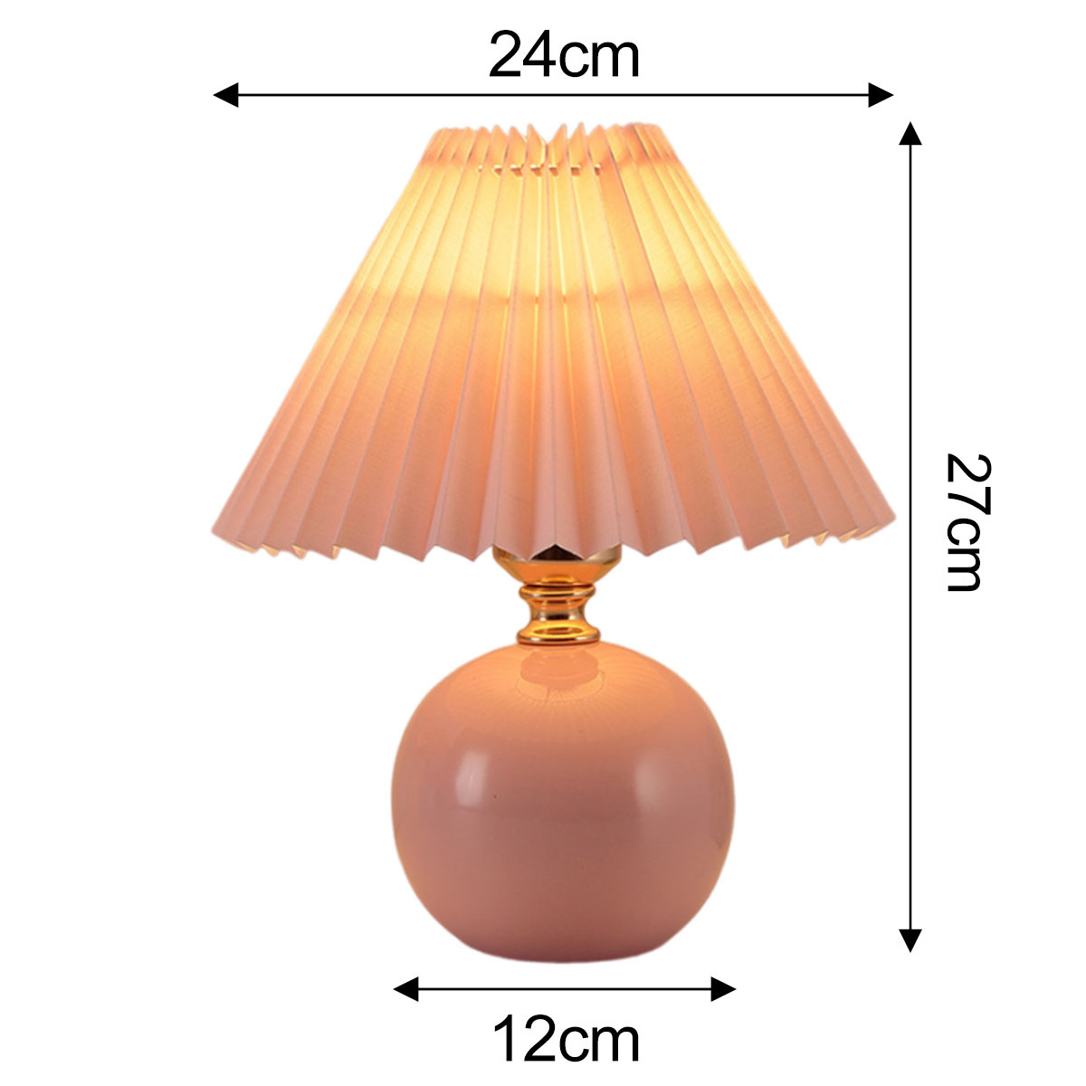 Eine rosa Tischlampe mit rundem Sockel und plissiertem Lampenschirm, Abmessungen gezeigt.